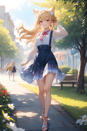 The illustration depicts a high school girl, dressed stylishly, in a bright early summer park. She is dressed lightly to match the early summer climate, with a big smile on her face. Around her, fresh green trees and colorful flowers are in full bloom 
BREAK
Her outfit is light to match the early summer climate, consisting of a flared skirt and blouse combination, sandals on her feet, giving an overall refreshing impression. Her hair is long and flowing in the wind, with a small earring shining in her ear.
BREAK
1girl,solo,dog ears,french braid,blonde hair,detailed and gradient brown eyes