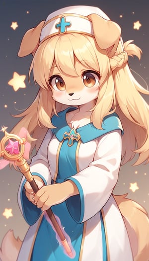 score_9_up, score_8_up, score_7_up,score_6_up,score_5_up,best quality,masterpiece,illustration,cute,kawaii,1girl,solo,dog ears,blonde hair,french braid,gradient brown eyes,healing magic,wand,priestess,furry