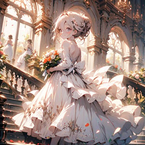 A woman stands at the top of the stairs, wearing a long-train white wedding dress adorned with lace and beads. Her hair is loosely styled in an updo with floral hair accessories. She holds a small bouquet in her hand and looks back with a gentle smile. The background features marble stairs, floral arches, and windows with evening light streaming in. Petals are scattered at her feet. An elegant carriage waits at the bottom of the stairs,furry girl,(long dress:1.5)