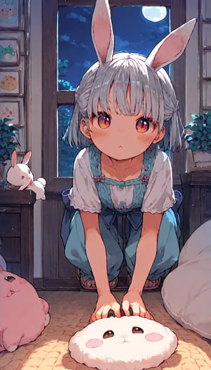 score_9, score_8up, score_7up, score_6up, score_5up,source_anime,cute,kawaii,1girl,solo,silver hair,rabbit ears,(mochi:1.2),indoors,night,(sanshoku dango:1.3),moon country