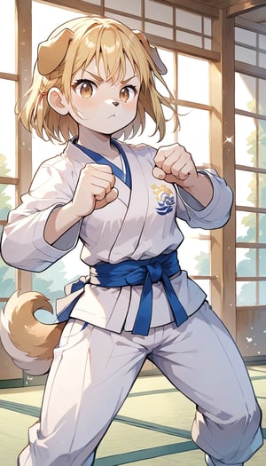 score_9_up, score_8_up, score_7_up,score_6_up,score_5_up,source_anime,masterpiece,best quality,illustration,cute,kawaii,1girl,solo,blonde hair,french_braid,dog ears,gradient brown eyes,paris olympic,judo, wearing judo wear,tatami,judo,sutanding,serious,indoors,furry,judo match,(female judo athlete:1.4),Judo combat pose