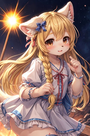 masterpiece,best quality,ultra detailed,highres,absurdres,illustration,cute,kawaii,(girlish:1.1),feminine,soft,texture,long eyelash,
BREAK 1girl,solo,dog ears,french braid,blonde hair,detailed and gradient brown eyes,girly ainu,solar flare,kemono