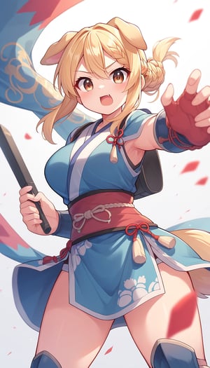 score_9_up, score_8_up, score_7_up,score_6_up,score_5_up,best quality,masterpiece,illustration,cute,kawaii,1girl,solo,dog ears,blonde hair,french braid,gradient brown eyes,japanese armor,battle filed,(>:):1.3),(kunai:1.2),battle_stance