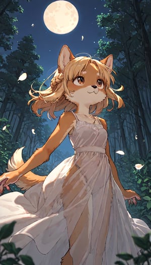 score_9, score_8up, score_7up, score_6up, score_5up,source_anime,source_furry,(furry:1.3),dog anthro,cute,kawaii,1girl,solo,blonde hair,dog ears fluff,french braid,brown eyes,translucent evening dress,wind,floating hair,(looking up:1.3),forest,night,fullmoon