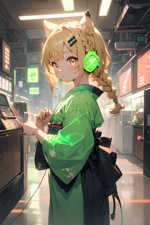 masterpiece,best quality,ultra detailed,highres,absurdres,illustratio,anthro,cute,kawaii,1girl,solo,dog ears,blonde hair,gradient brown eyes,(glowing neon green　headphone:1.2),cool,stylish,french_braid,kimono dress,hair ornament