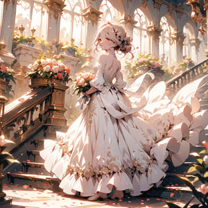 A woman stands at the top of the stairs, wearing a long-train white wedding dress adorned with lace and beads. Her hair is loosely styled in an updo with floral hair accessories. She holds a small bouquet in her hand and looks back with a gentle smile. The background features marble stairs, floral arches, and windows with evening light streaming in. Petals are scattered at her feet. An elegant carriage waits at the bottom of the stairs,furry girl,(long dress:1.5)