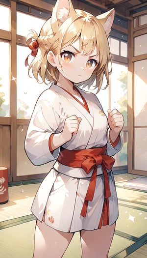 score_9_up, score_8_up, score_7_up,score_6_up,score_5_up,source_anime,masterpiece,best quality,illustration,cute,kawaii,1girl,solo,blonde hair,french_braid,dog ears,gradient brown eyes,On the Olympic stage,judo cloth,bow,on tatami,judo,sutanding,serious,indoors,