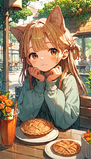 score_9, score_8up, score_7up, score_6up, score_5up,source_anime,cute,kawaii,1girl,solo,blonde hair,dog ears fluff,french braid,brown eyes,pie,outdoors,cafe,cozy,enraptured,daylight,