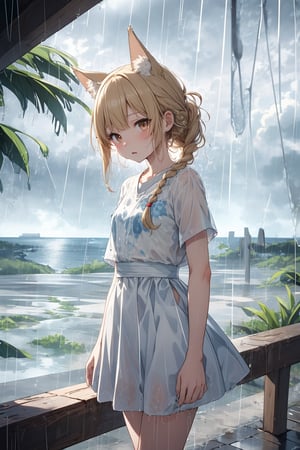 masterpiece,best quality,ultra detailed,highres,absurdres,illustration,cute,kawaii,BREAK 1girl,solo,dog ears,french braid,blonde hair,detailed and gradient brown eyes,(downpour:1.5),ootd,stunned look,(shock:1.3),short sleeves BREAK outdoors,(rainy:1.3),heavy rainstorm,beach,ocean,okinawa,magnificent view,overlooking,