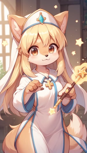 score_9_up, score_8_up, score_7_up,score_6_up,score_5_up,best quality,masterpiece,illustration,cute,kawaii,1girl,solo,dog ears,blonde hair,french braid,gradient brown eyes,healing magic,wand,priestess,furry