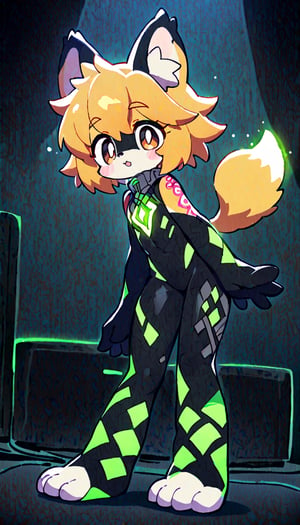 (furry:1.3),anthro,cute,kawaii,1girl,solo,dog ears,blonde hair,gradient brown eyes,indoors,(dark room:1.4),her body adorned with (glowing neon green zentangle heresy tattoos all over body:1.4),(bodysuit:1.3),high-contrast anime-style,full body,