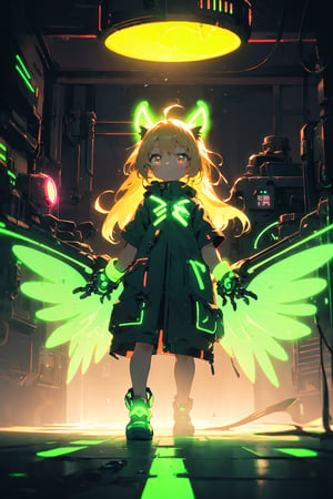 anthro,cute,kawaii,1girl,solo,dog ears,blonde hair,gradient brown eyes,(glowing neon green mechanical wings:1.3),high-contrast anime-style,(darkness room:1.3)