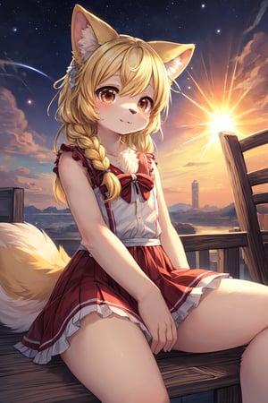 masterpiece,best quality,ultra detailed,highres,absurdres,illustration,cute,kawaii,(girlish:1.1),feminine,soft,texture,long eyelash,
BREAK 1girl,solo,dog ears,french braid,blonde hair,detailed and gradient brown eyes,girly ainu,solar flare,kemono,(furry:1.3)