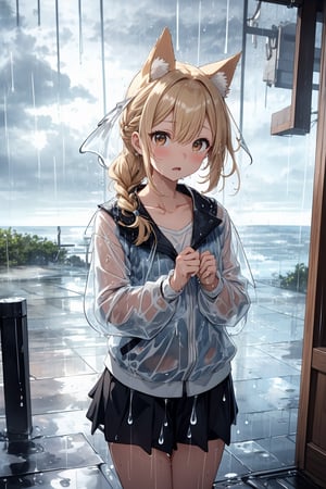 masterpiece,best quality,ultra detailed,highres,absurdres,illustration,cute,kawaii,BREAK 1girl,solo,dog ears,french braid,blonde hair,detailed and gradient brown eyes,(downpour:1.5),(wet clothes:1.0),(see-through:1.0),stunned look,(shock:1.3) BREAK outdoors,(rainy:1.3),heavy rainstorm,beach,ocean,,okinawa,magnificent view,overlooking,