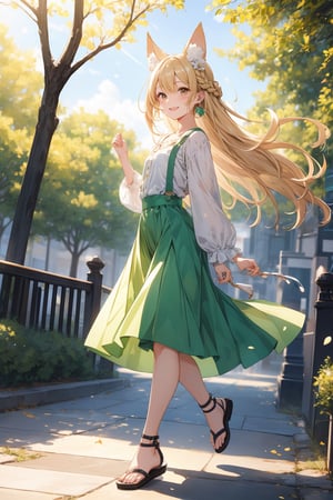 The illustration depicts a high school girl, dressed stylishly, in a bright early summer park. She is dressed lightly to match the early summer climate, with a big smile on her face. Around her, fresh green trees and colorful flowers are in full bloom 
BREAK
Her outfit is light to match the early summer climate, consisting of a flared skirt and blouse combination, sandals on her feet, giving an overall refreshing impression. Her hair is long and flowing in the wind, with a small earring shining in her ear.
BREAK
1girl,solo,dog ears,french braid,blonde hair,detailed and gradient brown eyes