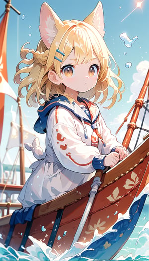 score_9_up, score_8_up, score_7_up,score_6_up,score_5_up,source_anime,masterpiece,best quality,illustration,cute,kawaii,1girl,solo,blonde hair,french_braid,dog ears,gradient brown eyes,On the Olympic stage, a woman is sailing with all her might. Her face shows a serious expression, and you can see the tension in her muscles. Amidst the splashing water, her boat moves forward powerfully, with the audience’s eyes focused on her. Her figure, putting everything into this moment, truly embodies the beauty and tension of sports, score_9_up,(sailing:1.1),(sailboat:1.3)