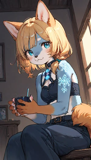 score_9, score_8up, score_7up, score_6up, score_5up,source_anime,source_furry,(furry:1.3),anthro,cute,kawaii,1girl,solo,dog ears,blonde hair,indoors,(dark room:1.0),(her face adorned with glowing neon blue snowflake tattoos:1.2),The intricateilluminate the shadows around her,high-contrast anime-style,