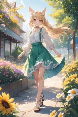 The illustration depicts a high school girl, dressed stylishly, in a bright early summer park. She is dressed lightly to match the early summer climate, with a big smile on her face. Around her, fresh green trees and colorful (flowers are in full bloom:1.3) 
BREAK
Her outfit is light to match the early summer climate, consisting of a flared skirt and blouse combination, sandals on her feet, giving an overall refreshing impression. Her hair is long and flowing in the wind, with a small earring shining in her ear.
BREAK
1girl,solo,dog ears,french braid,blonde hair,detailed and gradient brown eyes,cute,kawaii,