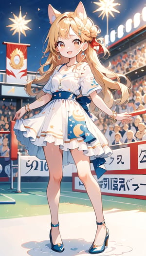 score_9_up, score_8_up, score_7_up,score_6_up,score_5_up,source_anime,masterpiece,best quality,illustration,cute,kawaii,1girl,solo,blonde hair,french_braid,dog ears,gradient brown eyes,At the (Olympic closing ceremony:1.5),Her expression reflects both the sadness of the event’s end and the satisfaction of having given her all. Amidst the applause and cheers from the audience,night,formal dress primarily white with golden embroidery,beautifully shimmering in the light,The hem of the dress flares out gracefully, swaying elegantly with her movements. She wears simple yet elegant heels, perfectly complementing her overall look,the girl wears a beaming smile