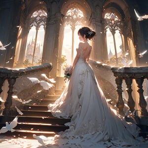 A woman stands at the top of the stairs, wearing a long-train white wedding dress adorned with lace and beads. Her hair is loosely styled in an updo with floral hair accessories. She holds a small bouquet in her hand and looks back with a gentle smile. The background features marble stairs, floral arches, and windows with evening light streaming in. Petals are scattered at her feet. An elegant carriage waits at the bottom of the stairs, with a distant castle faintly visible and white doves flying in the sky,bare_shoulder,bare back