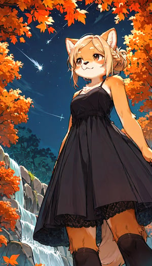 score_9, score_8up, score_7up, score_6up, score_5up,source_anime,source_furry,(furry:1.3),dog anthro,cute,kawaii,1girl,solo,blonde hair,dog ears fluff,french braid,brown eyes,evening dress,autumn,waterfall,night,(shooting star:1.3),(from below:1.3),black legwear,