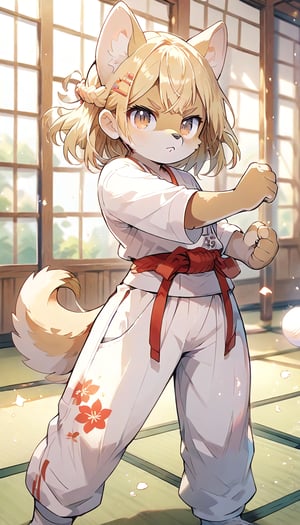 score_9_up, score_8_up, score_7_up,score_6_up,score_5_up,source_anime,masterpiece,best quality,illustration,cute,kawaii,1girl,solo,blonde hair,french_braid,dog ears,gradient brown eyes,paris olympic,,judo cloth,tatami,judo,sutanding,serious,indoors,white pants,furry,fighting stance