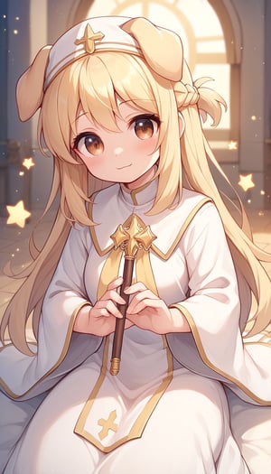 score_9_up, score_8_up, score_7_up,score_6_up,score_5_up,best quality,masterpiece,illustration,cute,kawaii,1girl,solo,dog ears,blonde hair,french braid,gradient brown eyes,healing magic,wand,priestess