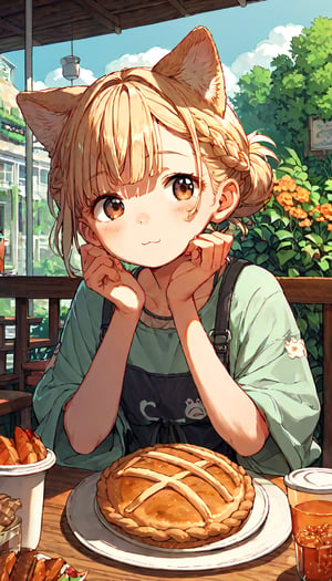 score_9, score_8up, score_7up, score_6up, score_5up,source_anime,cute,kawaii,1girl,solo,blonde hair,dog ears fluff,french braid,brown eyes,pie,outdoors,cafe,cozy,enraptured,daylight,