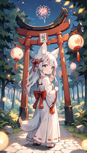 score_9_up, score_8_up, score_7_up,score_6_up,score_5_up,source_anime,masterpiece,best quality,illustration,cute,kawaii,1girl,solo,silver hair,long hair,fox ears,fox tails,formal miko dress primarily white with golden and red embroidery,The hem of the dress flares out gracefully,perfectly complementing her overall look,looking back,torii,shrine gate,fireworks,(dark forest:1.3),(mid night:1.3),silence,quietness