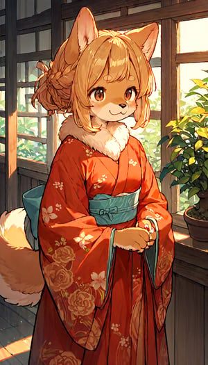 score_9, score_8up, score_7up, score_6up, score_5up,source_anime,source_furry,(furry:1.3),dog anthro,cute,kawaii,1girl,solo,blonde hair,dog ears fluff,french braid,brown eyes,evening kimono dress,mochi trail,indoors,night