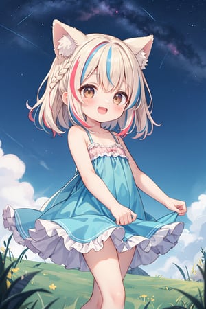 masterpiece,best quality,ultra detailed,highres,absurdres,illustration,silky-soft,creamy complexion,cute,kawaii,(Exciting:1.2),happy,loli,petite   BREAK 1girl,solo,dog ears,french braid,blonde and (blue streaked hair:1.3),highlights hair,detailed and gradient brown eyes,(light pink camisole dress:1.1),(frills:1.2),walking, BREAK outdoors,overlooking,(twilight sky:1.2),deep blue sky,starry sky,grass