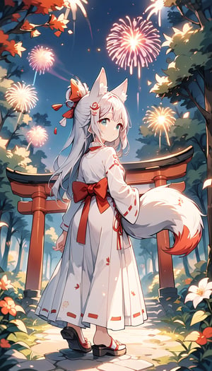 score_9_up, score_8_up, score_7_up,score_6_up,score_5_up,source_anime,masterpiece,best quality,illustration,cute,kawaii,1girl,solo,silver hair,long hair,fox ears,fox tails,formal miko dress primarily white with golden and red embroidery,The hem of the dress flares out gracefully,perfectly complementing her overall look,looking back,torii,shrine gate,fireworks,(dark forest:1.3),(mid night:1.3),silence