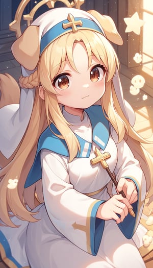 score_9_up, score_8_up, score_7_up,score_6_up,score_5_up,best quality,masterpiece,illustration,cute,kawaii,1girl,solo,dog ears,blonde hair,french braid,gradient brown eyes,healing,wand,priestess