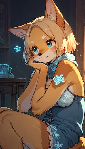 score_9, score_8up, score_7up, score_6up, score_5up,source_anime,source_furry,(furry:1.3),anthro,cute,kawaii,1girl,solo,dog ears,blonde hair,indoors,(dark room:1.0),(her face adorned with glowing neon blue snowflake tattoos:1.2),The intricateilluminate the shadows around her,high-contrast anime-style,