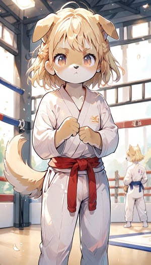 score_9_up, score_8_up, score_7_up,score_6_up,score_5_up,source_anime,masterpiece,best quality,illustration,cute,kawaii,1girl,solo,blonde hair,french_braid,dog ears,gradient brown eyes,On the Olympic stage,judo cloth,(bowing:1.3),tatami,judo,sutanding,serious,indoors,white pants,furry