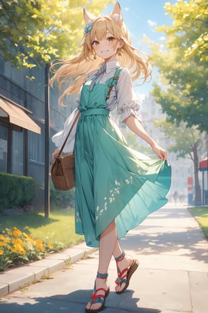 The illustration depicts a high school girl, dressed stylishly, in a bright early summer park. She is dressed lightly to match the early summer climate, with a big smile on her face. Around her, fresh green trees and colorful flowers are in full bloom 
BREAK
Her outfit is light to match the early summer climate, consisting of a flared skirt and blouse combination, sandals on her feet, giving an overall refreshing impression. Her hair is long and flowing in the wind, with a small earring shining in her ear.
BREAK
1girl,solo,dog ears,french braid,blonde hair,detailed and gradient brown eyes