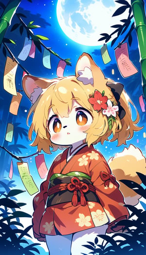  score_9_up, score_8_up, score_7_up,source_anime,masterpiece,best quality,illustration,1girl,solo,blonde hair,ponytail,dog ears,gradient brown eyes,source_furry,tanabata,falling tanzaku,bamboo thicket,full moon,(mysterios:1.3),score_6_up,score_5_up,score_4_up,furry,(heresy:1.3),supplication