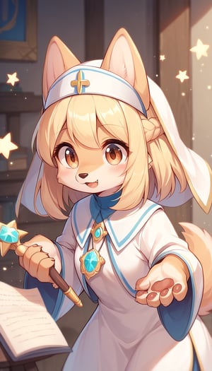 score_9_up, score_8_up, score_7_up,score_6_up,score_5_up,best quality,masterpiece,illustration,cute,kawaii,1girl,solo,dog ears,blonde hair,french braid,gradient brown eyes,healing magic,wand,priestess,furry