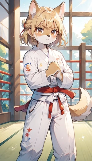 score_9_up, score_8_up, score_7_up,score_6_up,score_5_up,source_anime,masterpiece,best quality,illustration,cute,kawaii,1girl,solo,blonde hair,french_braid,dog ears,gradient brown eyes,paris olympic,judo, wearing judo wear,tatami,judo,sutanding,serious,indoors,white pants,furry,judo match