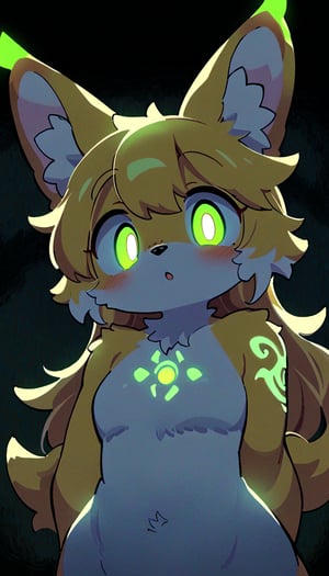 (furry:1.3),anthro,cute,kawaii,1girl,solo,dog ears,blonde hair,gradient brown eyes,indoors,(dark room:1.4),her body adorned with (glowing neon green Ancient magical tattoo,upper body:1.5),high-contrast anime-style,full body,