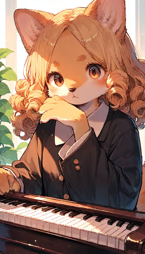 score_9, score_8up, score_7up, score_6up, score_5up,source_anime,cute,kawaii,1girl,solo,blonde hair,dog ears fluff,,brown eyes,(furry:1.3),(Serious:0.7),curly hair,(pianist:1.3)