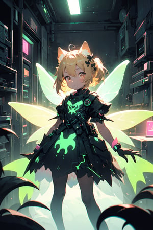 masterpiece,best quality,ultra detailed,highres,absurdres,illustratio,anthro,cute,kawaii,1girl,solo,dog ears,blonde hair,gradient brown eyes,(glowing neon green mechanical wings:1.0),high-contrast,anime-style,(darkness room:1.3),fairy dress,