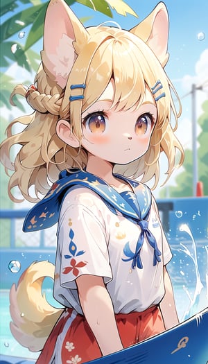 score_9_up, score_8_up, score_7_up,score_6_up,score_5_up,source_anime,masterpiece,best quality,illustration,cute,kawaii,1girl,solo,blonde hair,french_braid,dog ears,gradient brown eyes,On the Olympic stage, a woman is sailing with all her might. Her face shows a serious expression, and you can see the tension in her muscles. Amidst the splashing water, her boat moves forward powerfully, with the audience’s eyes focused on her. Her figure, putting everything into this moment, truly embodies the beauty and tension of sports, score_9_up,(sailing:1.5)