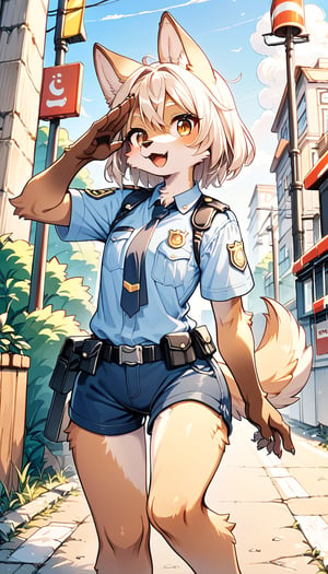 score_9, score_8_up, score_7_up, score_6_up, score_5up,source_anime,source_furry,furry,anthro,kemono,cute,kawaii,vivid color.1girl,solo,dog ears,brown eyes,police uniform,gallant expression,salute,cowboy shot,Deformed, score_9_up,outdoors,overlooking,traffic light