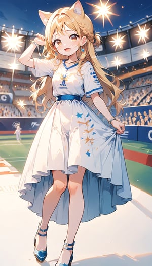 score_9_up, score_8_up, score_7_up,score_6_up,score_5_up,source_anime,masterpiece,best quality,illustration,cute,kawaii,1girl,solo,blonde hair,french_braid,dog ears,gradient brown eyes,At the (Olympic closing ceremony:1.5),Her expression reflects both the sadness of the event’s end and the satisfaction of having given her all. Amidst the applause and cheers from the audience,night,formal dress primarily white with golden embroidery,beautifully shimmering in the light,The hem of the dress flares out gracefully, swaying elegantly with her movements. She wears simple yet elegant heels, perfectly complementing her overall look,the girl wears a beaming smile