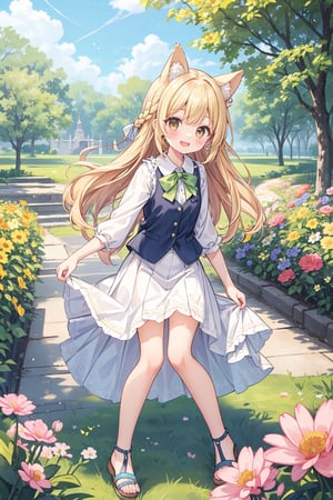 The illustration depicts a high school girl, dressed stylishly, in a bright early summer park. She is dressed lightly to match the early summer climate, with a big smile on her face. Around her, fresh green trees and colorful (flowers are in full bloom:1.3) 
BREAK
Her outfit is light to match the early summer climate, consisting of a flared skirt and blouse combination, sandals on her feet, giving refreshing impression. Her hair is long and flowing in the wind, with a small earring shining in her ear.vest
BREAK
1girl,solo,dog ears,french braid,blonde hair,detailed and gradient brown eyes,cute,kawaii,(from above:0.8)