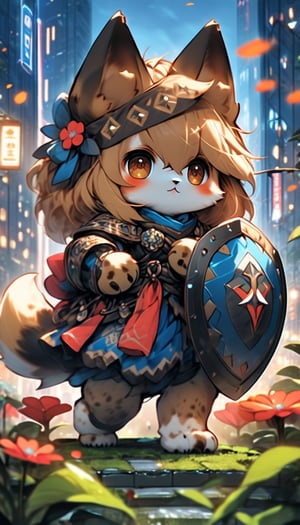 1girl,solo,dog ears,french braid,blonde hair,detailed and gradient brown eyes,(flower knight:1.2),(ainu:1.1),shield,sword,fighting stance,
BREAK
outdoors,spring flower garden,night,(cybercity:1.3),magnificent view,overlooking,
BREAK
masterpiece,best quality,ultra detailed,highres,absurdres,illustration,cute,kawaii,perfect arrangement,(brave:1.3),(gallant:1.3),furry,knight