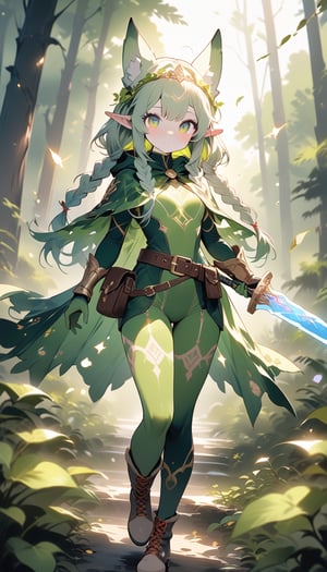 score_9_up, score_8_up, score_7_up,score_6_up,score_5_up,source_anime,masterpiece,best quality,illustration,cute,kawaii,1girl,solo,pink Iridescent hair,wofl girl,long hair,Enchanted Elven Knight
This costume combines the grace of an elf with the power of a knight, centered around a large, enchanted sword, The base is a sleek, forest green bodysuit with gold leaf embroidery along the seams, symbolizing her connection to nature, Over the bodysuit, a leather harness crisscrosses the torso, holding the scabbard for her large sword, The sword itself is massive, with a glowing blade inscribed with ancient elven runes, Her armor includes light, golden shoulder pauldrons and bracers, with intricate vine patterns, A flowing, semi-translucent cape with a hood, in shades of green and gold, billows behind her, adding an ethereal touch, She wears knee-high, lace-up boots with gold accents, 
BREAK
Accessories include a delicate, leaf-shaped tiara, and a belt with pouches for herbs and small vials, Her hair can be styled in loose waves with small braids woven with golden threads, Makeup focuses on a natural, glowing look with shimme,source_furry