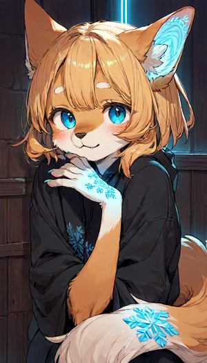 score_9, score_8up, score_7up, score_6up, score_5up,source_anime,source_furry,(furry:1.3),anthro,cute,kawaii,1girl,solo,dog ears,blonde hair,indoors,(dark room:1.0),(her face adorned with glowing neon blue snowflake tattoos:1.2),The intricateilluminate the shadows around her,high-contrast anime-style,