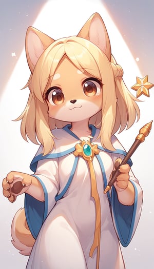 score_9_up, score_8_up, score_7_up,score_6_up,score_5_up,best quality,masterpiece,illustration,cute,kawaii,1girl,solo,dog ears,blonde hair,french braid,gradient brown eyes,healing magic,wand,priestess,furry